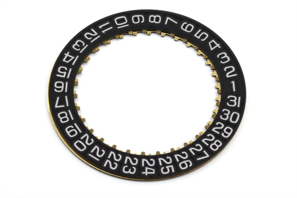 Date Indicator, window at 3H, stem 3H, background black, digits printing silver, rectangular, standard font #2557/1