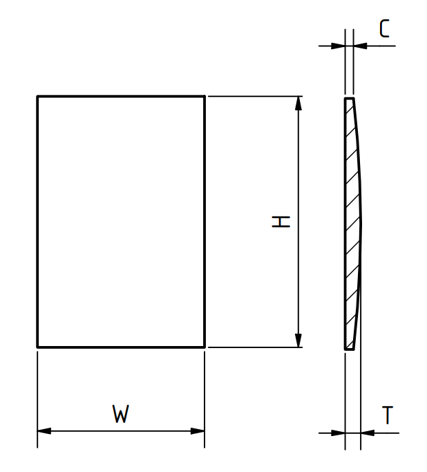 Glace, carrée (rectangle), Fond plat à dôme unique, H = 23,00 mm